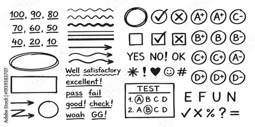 Black marker hand drawn grading marks test scores checkmarks and teacher evaluation elements vector illustration
