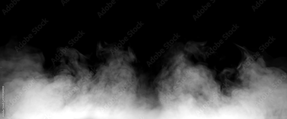 Fototapeta premium Dense white fog and ground smoke spreading across surface isolated on black background, realistic mist cloud texture for overlay effects, cinematic atmospheric smoke element for compositing.
