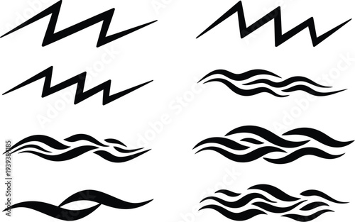 Collection of black abstract hand drawn wavy lines and zigzags on white background