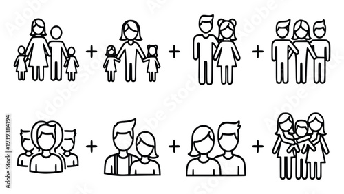 Simple line art illustration depicting various family structures and groups of people coming together unity and diversity in relationships.