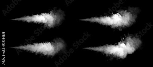 Konstfotografi White smoke jet burst isolated on black background, realistic vapor plume blast
