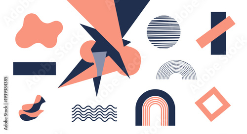 A collection of abstract geometric and organic shapes in coral, dark blue, and grey on a white background, featuring various forms and patterns.