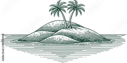 Vintage hand drawn sketch of a small tropical island with palm trees in calm water