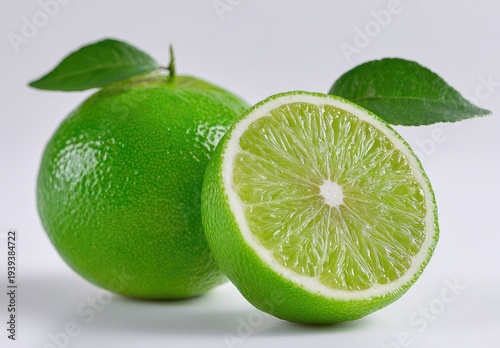 Fresh green limes whole and sliced with leaves on a white background