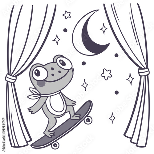 Cute Cheerful Frog, accessorized with riding a skateboard, in a Starlight Ball world – Lunar Elegance palette vector