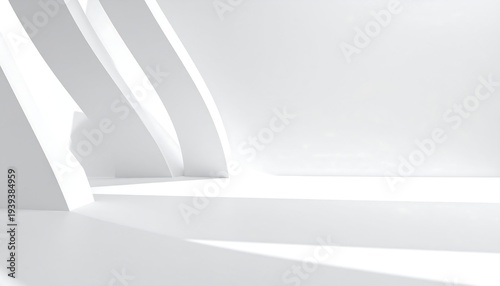 White minimalist space with arching structures casting soft shadows on a smooth, reflective surface