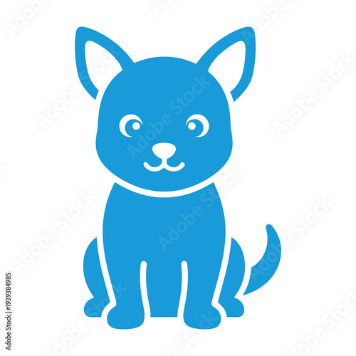 Cute blue cartoon puppy sitting with ears up and smiling in a playful mood