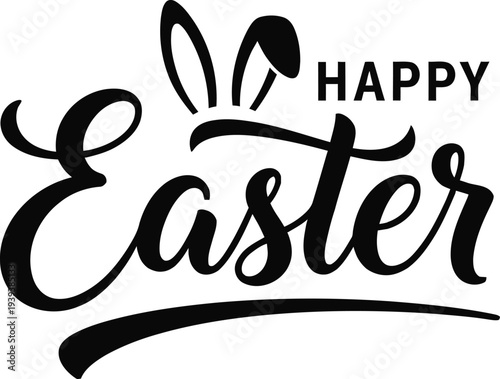 Easter holiday greeting card with bunny ears and calligraphy text on transparent background