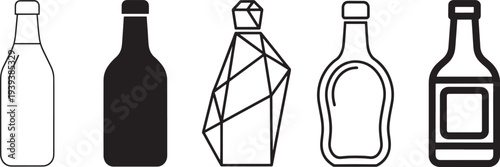 Set of alcohol bottles thin line art vector illustration, minimalist liquor containers flat design scalable graphic