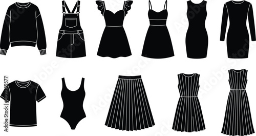 Women’s clothing silhouettes collection illustration vector fashion apparel garment design graphics, stylish outfits concept, black and white creative art set