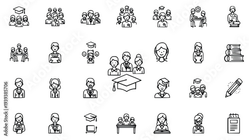 Collection of simple black line icons representing education and graduation concepts on a white background perfect for educational websites and materials.
