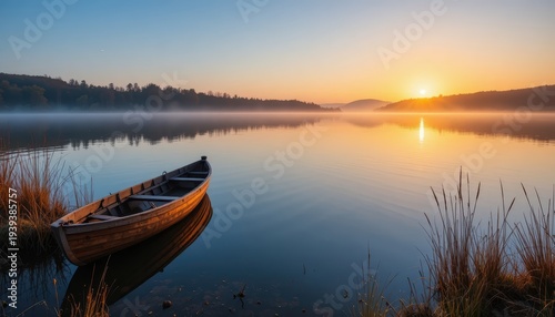 Sunrise Over Calm Lake With Wooden Boat and Misty Reflections in the Early Morning
