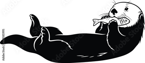 Sea otter illustration vector animal wildlife nature design graphics, fish eating behavior concept, black and white creative art collection