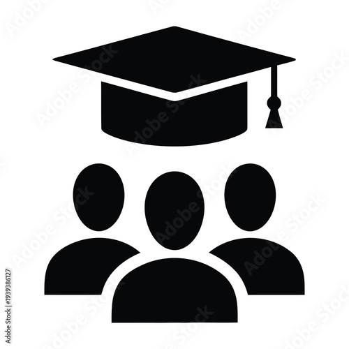 Graduation cap above three silhouettes symbolizing education and teamwork