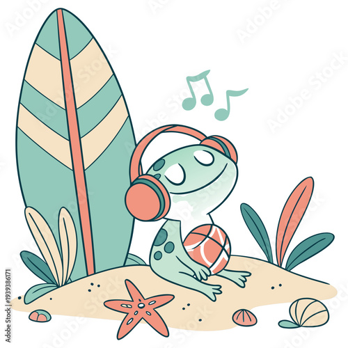 Playful Bashful Frog design, styled with wearing headphones and Ocean Dreams shades in a Under the Sea setting
