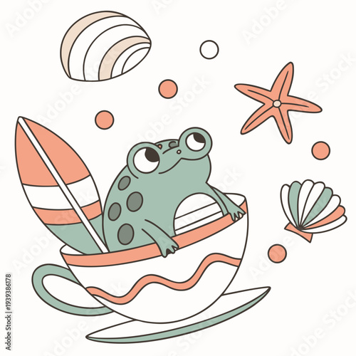 Delightful Bashful Frog in a Under the Sea scene with sitting in a teacup ride – Ocean Dreams vector illustration