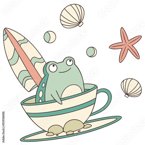 Delightful Bashful Frog in a Under the Sea scene with sitting in a teacup ride – Ocean Dreams vector illustration