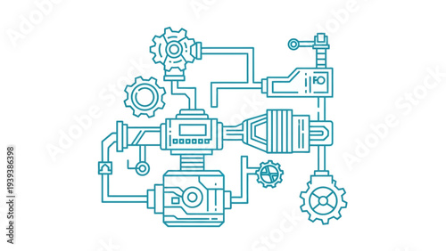 Mechanical System Diagram with Gears and Pipes.