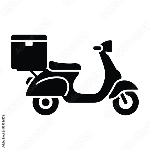 Delivery scooter carrying box rides on white isolated background