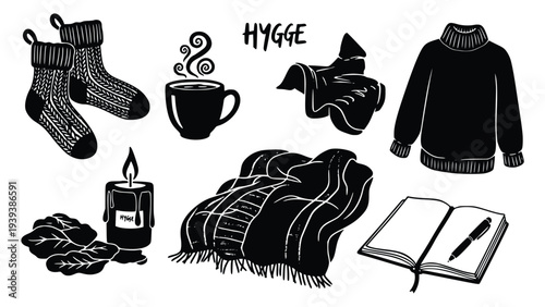 Hygge themed illustrations featuring cozy winter elements, warm clothing, and comforting accessories perfect for creating a relaxing atmosphere.
