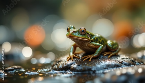 Close-up of a Beautiful Green Frog Sitting on a Rock Beside a Tranquil Stream with Bokeh Effect