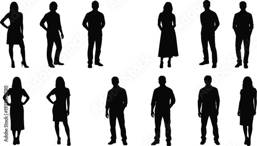 Vector illustration of stylized human silhouettes in diverse clothing styles symbolizing identity, fashion, culture, tradition, and education