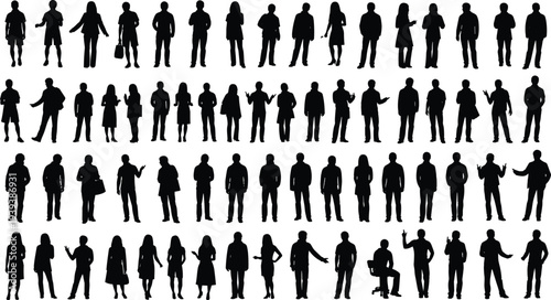 Vector illustration of stylized human silhouettes in diverse poses symbolizing identity, communication, culture, tradition, and education