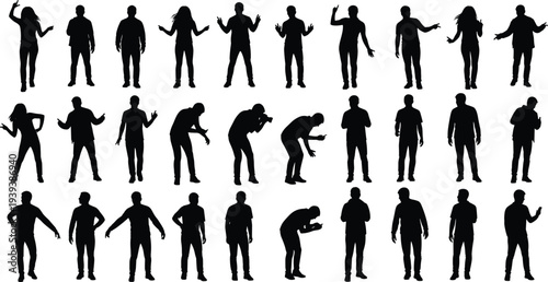 Vector illustration of stylized human silhouettes in expressive gestures symbolizing identity, communication, diversity, culture, and education