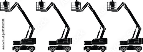 Articulating boom lift silhouettes with worker in aerial platform, construction cherry picker machines set, hydraulic lifting equipment for maintenance, building work and industrial access vector