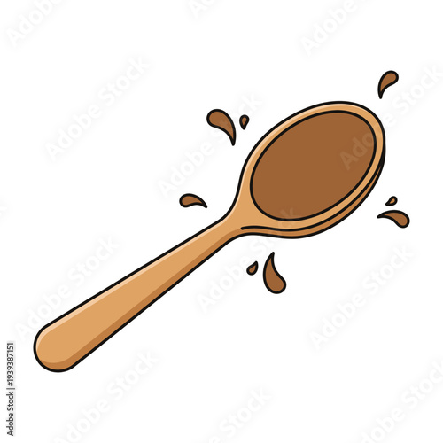 Brown wooden spoon with spilled drops of liquid on white background