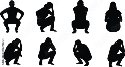 Vector illustration of stylized human silhouettes in squatting and seated poses symbolizing posture, identity, culture, and education