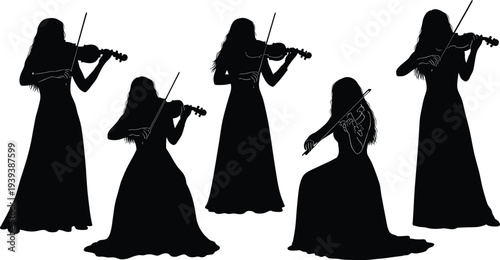 Black silhouette illustration of five women playing violins in elegant dresses, seated and standing, symbolizing classical music, performance, artistry, ensemble, and creative design projects