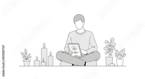 Man meditating with tablet and candles in peaceful atmosphere
