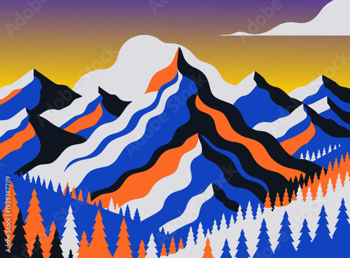 Vibrant mountain landscape with colorful trees and sunset