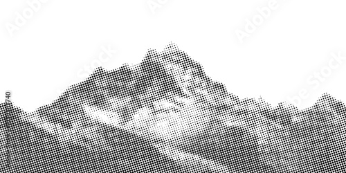 Black halftone mountain range silhouette. Grunge texture landscape terrain. Fading grainy hill chain wallpaper. Vanishing dotted noise mountain peak background. Vector scenery rock illustration
