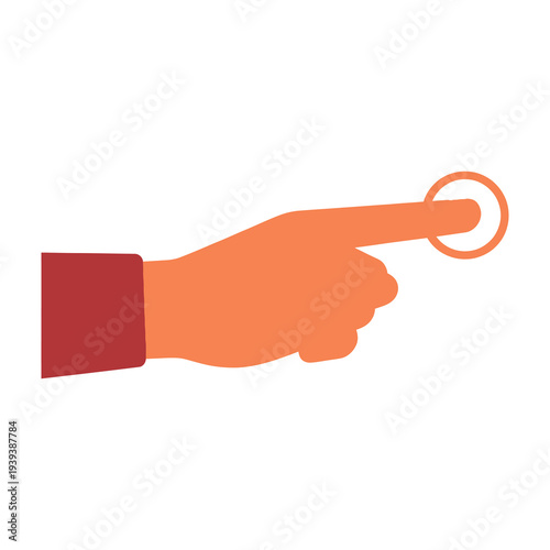 Hand in red sleeve presses orange button on white background