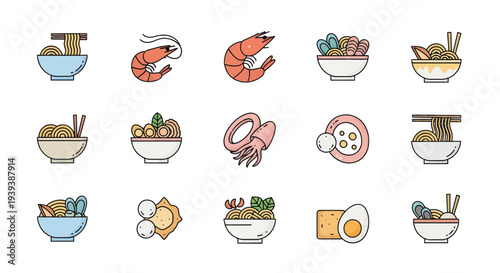 Seafood Noodle and Laksa Ingredients Icon Set with Shrimp Squid and Bowls