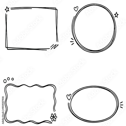 Print  Hand Drawn Doodle Frame Border Set, Playful Sketch Rectangle Circle and Wavy Borders Collection Vector