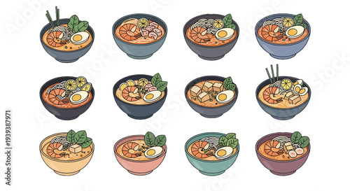 Laksa Seafood Noodle Soup Illustration Set with Prawns and Eggs in Bowls