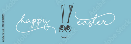 Happy Easter greeting card. Drawing of a funny cute face of a smiling Easter bunny with handwritten calligraphy text on a sea green turquoise background