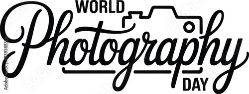 World Photography Day text with camera icon in black lines on transparent background