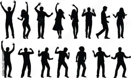 Dance silhouettes of people in diverse poses, expressive movement, rhythm theme, celebration concept, artistic design, vector illustration, human interaction