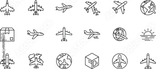 Aviation icons airplanes globes packages travel shipping logistics international business flight takeoff landing transport illustration