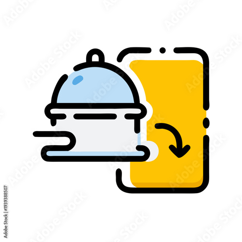 Food delivery app icon vector with yellow car and blue pot isolated on white background for mobile ordering and takeaway service