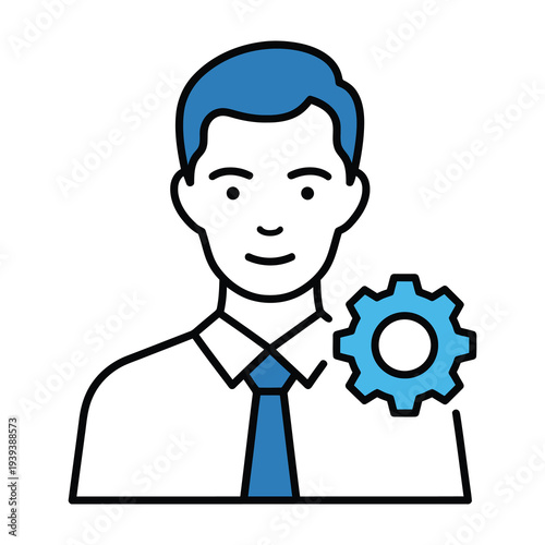 Confident businessman in white shirt with blue tie and gear icon