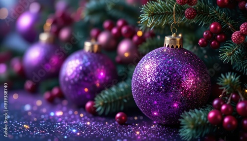 Purple Glittering Christmas Ornaments and Evergreen Branches on a Sparkling Holiday Background