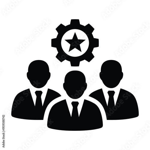 Three business professionals collaborate under gear symbol with star center