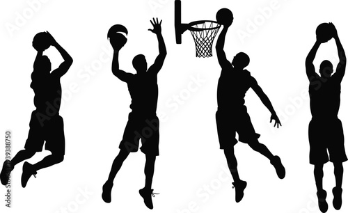 Basketball players silhouettes vector illustration, slam dunk and jump shot icons, dynamic athletic poses design graphic, sports action artwork