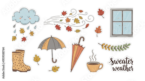 Cozy autumn elements including rain boots, umbrellas, coffee, and leaves on a crisp white background, perfect for designing seasonal content.