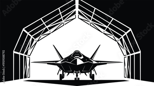 Black silhouette of stealth fighter jet in white airplane hangar